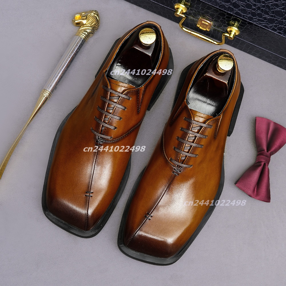 メンズ用、手作りのスクエアトゥ・ブラウンレザー・オックスフォ - Leather Shoe Polish のレビューと価格