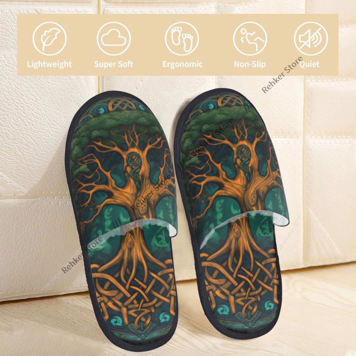 ケルトの生命と死の樹をモチーフにした、室内用スリッパ。ふわふ - Shoe Tree のレビューと価格